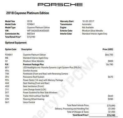 Rhodium Silver Metallic 2018 Porsche Cayenne Platinum Edition