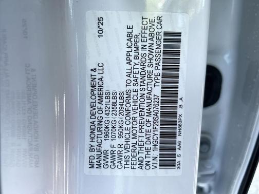 Platinum White Pearl 2025 Honda Accord LX