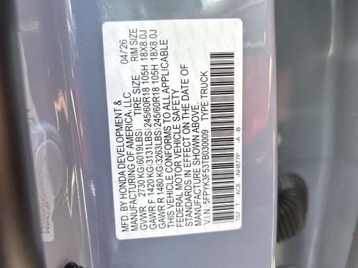 Sonic Gray Pearl 2026 Honda Ridgeline RTL