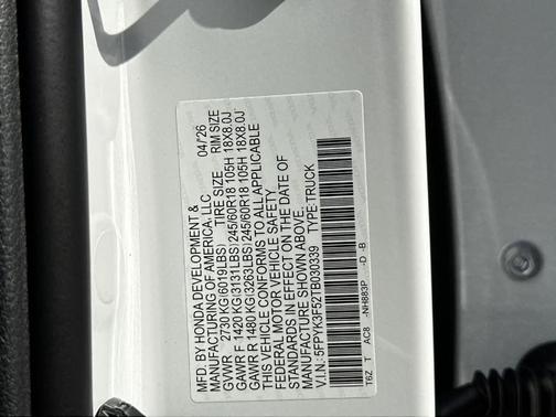 Platinum White Pearl 2026 Honda Ridgeline RTL