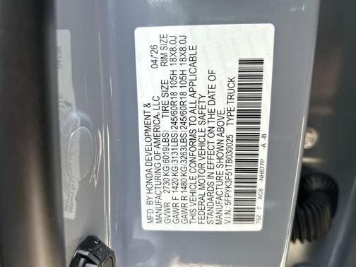 Sonic Gray Pearl 2026 Honda Ridgeline RTL