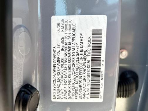 Sonic Gray Pearl 2026 Honda Ridgeline RTL