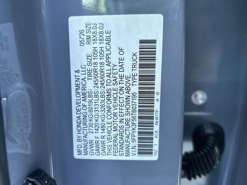 Sonic Gray Pearl 2026 Honda Ridgeline RTL