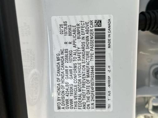 Platinum White Pearl 2026 Honda Civic Hybrid Sport Touring