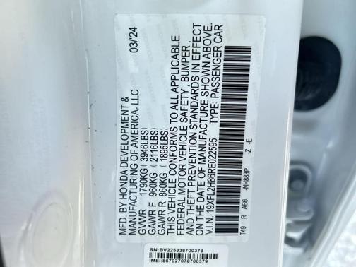 Platinum White Pearl 2024 Honda Civic Sport