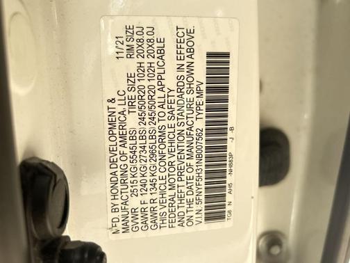 Platinum White Pearl 2022 Honda Pilot Sport