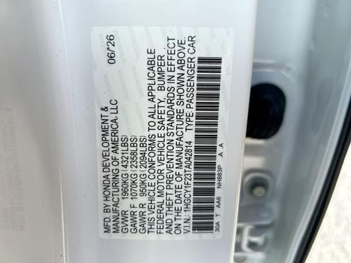 Platinum White Pearl 2026 Honda Accord LX