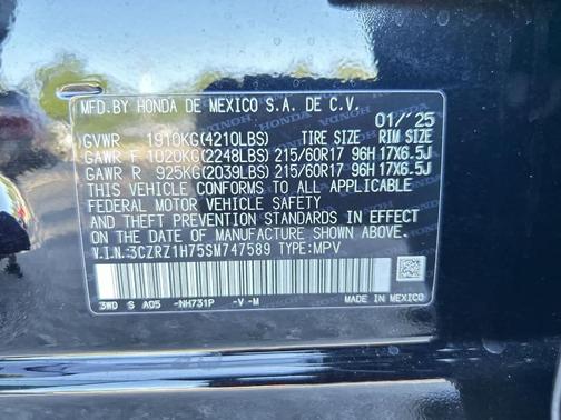 Crystal Black Pearl 2025 Honda HR-V EX-L