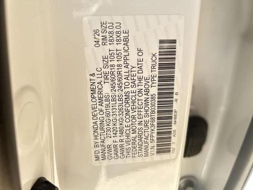 Platinum White Pearl 2026 Honda Ridgeline TrailSport