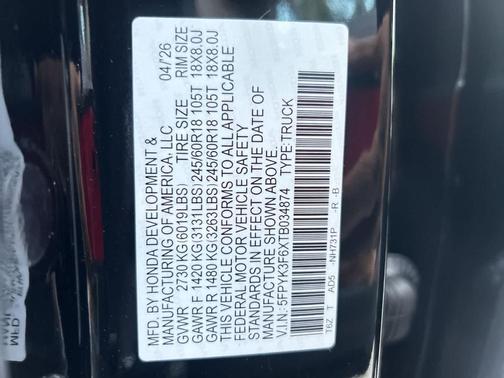 Crystal Black Pearl 2026 Honda Ridgeline TrailSport