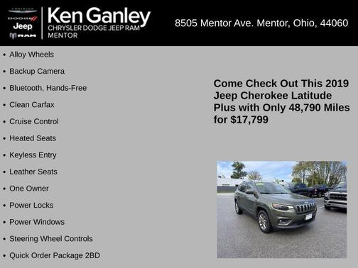 Olive Green Pearlcoat 2019 Jeep Cherokee Latitude Plus