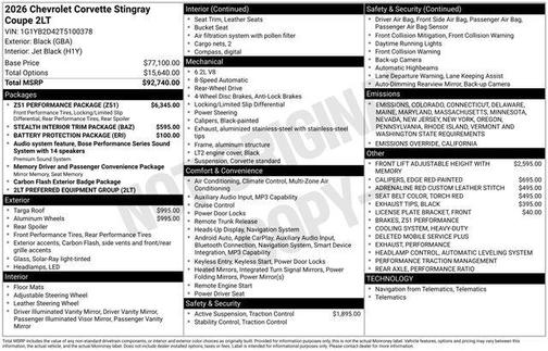 2026 Chevrolet Corvette Stingray w/2LT