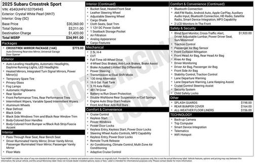 Crystal White Pearl 2025 Subaru Crosstrek Sport