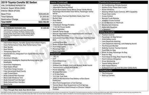 Super White 2019 Toyota Corolla SE