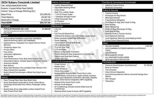 Crystal White Pearl 2024 Subaru Crosstrek Limited