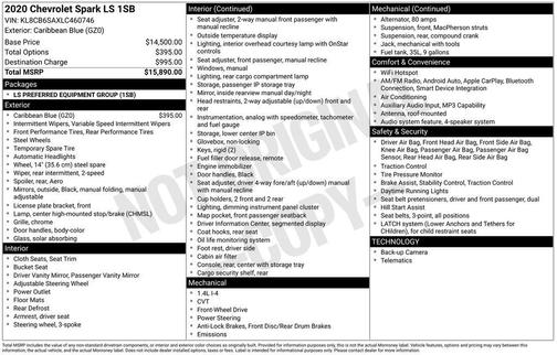 Caribbean Blue Metallic 2020 Chevrolet Spark LS