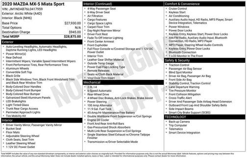 Artic White 2020 Mazda MX-5 Miata Sport