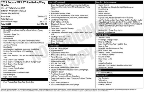 2021 Subaru WRX STI Limited w/Wing