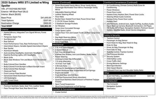 2020 Subaru WRX STI Limited w/Wing
