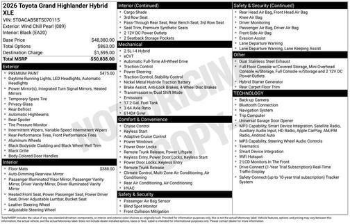 Pearl 2026 Toyota Grand Highlander Hybrid XLE