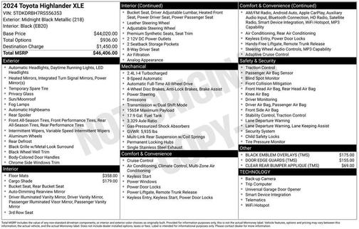Midnight Black Metallic 2024 Toyota Highlander XLE