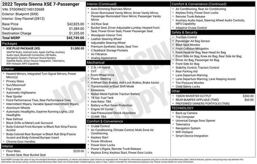 Blueprint 2022 Toyota Sienna XSE 7 Passenger