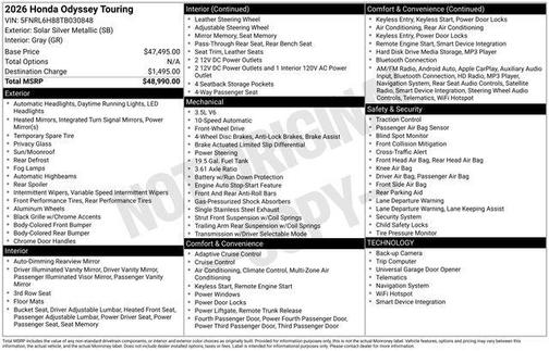 Solar Silver Metallic 2026 Honda Odyssey Touring