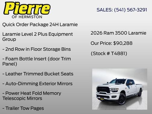 Bright White Clearcoat 2026 RAM 3500 Laramie Crew Cab 4x4 8' Box