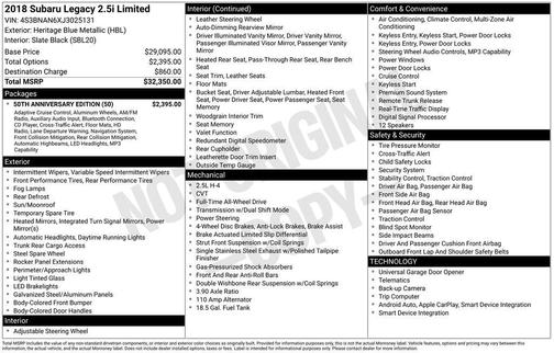 2018 Subaru Legacy 2.5i Limited
