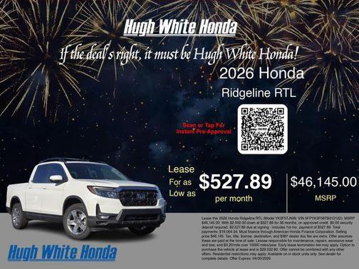 Platinum White Pearl 2026 Honda Ridgeline RTL
