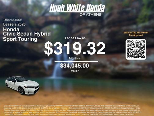 Platinum White Pearl 2026 Honda Civic Hybrid Sport Touring