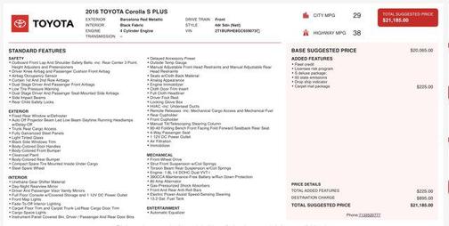 2016 Toyota Corolla S Plus