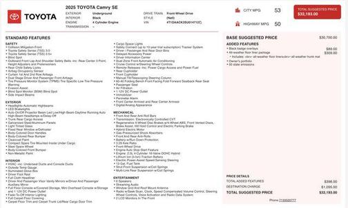 Underground 2025 Toyota Camry SE