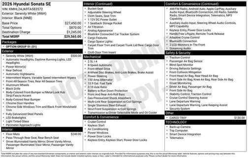 Serenity White 2026 Hyundai SONATA SE