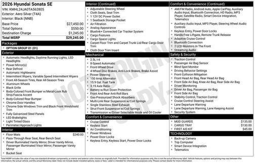 Aero Silver 2026 Hyundai SONATA SE