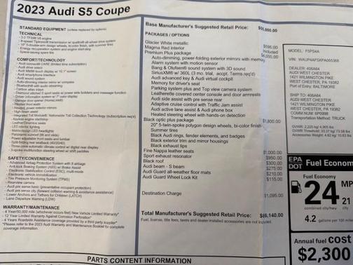 Glacier White Metallic 2023 Audi S5 Premium Plus TFSI quattro Tiptronic