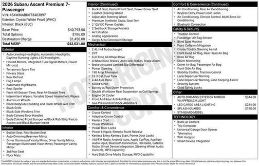 Crystal White Pearl 2026 Subaru Ascent Premium 7-Passenger