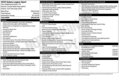 Crystal White Pearl 2025 Subaru Legacy Sport