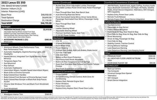 Iridium 2022 Lexus ES 350 Base