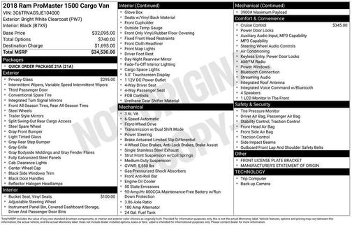 2018 RAM ProMaster 1500 Low Roof
