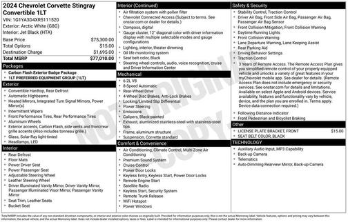 Arctic White 2024 Chevrolet Corvette Stingray w/1LT