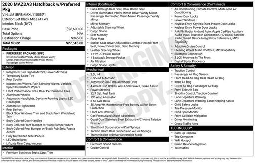 Jet Black Mica 2020 Mazda Mazda3 AWD w/Preferred Package
