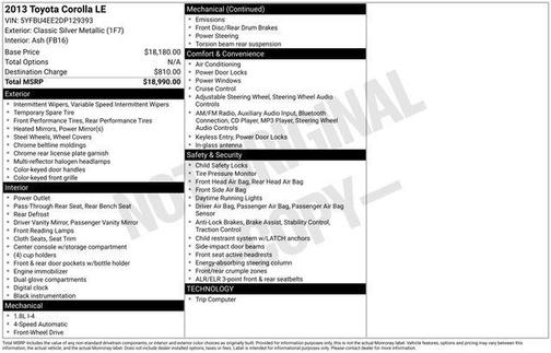 Classic Silver Metallic 2013 Toyota Corolla LE