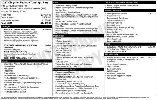 Brilliant Black Crystal Pearlcoat 2017 Chrysler Pacifica Touring-L Plus