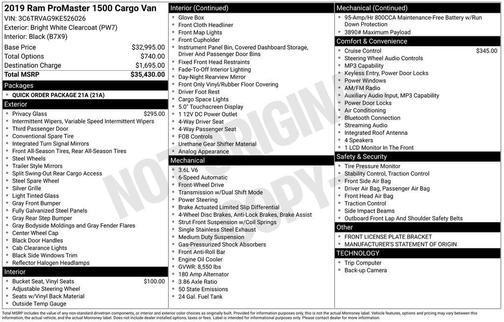 Bright White Clearcoat 2019 RAM ProMaster 1500 Low Roof