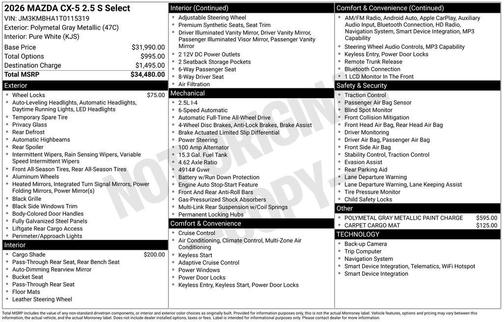 Polymetal Gray Metallic 2026 Mazda CX-5 2.5 S Select Package