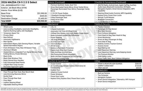 Jet Black Mica 2026 Mazda CX-5 2.5 S Select Package