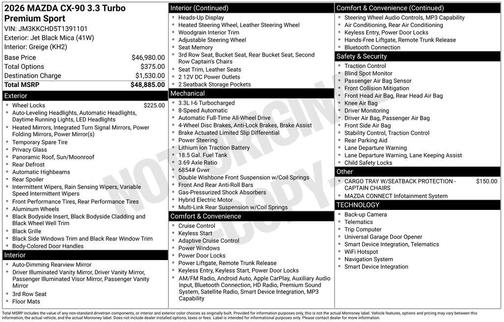 Jet Black Mica 2026 Mazda CX-90 3.3 Turbo Premium Sport