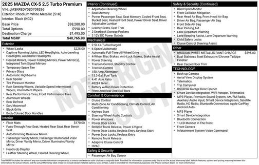 White Metallic 2025 Mazda CX-5 2.5 Turbo Premium