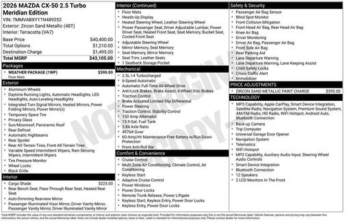 Zircon Sand Metallic 2026 Mazda CX-50 2.5 Turbo Meridian Edition